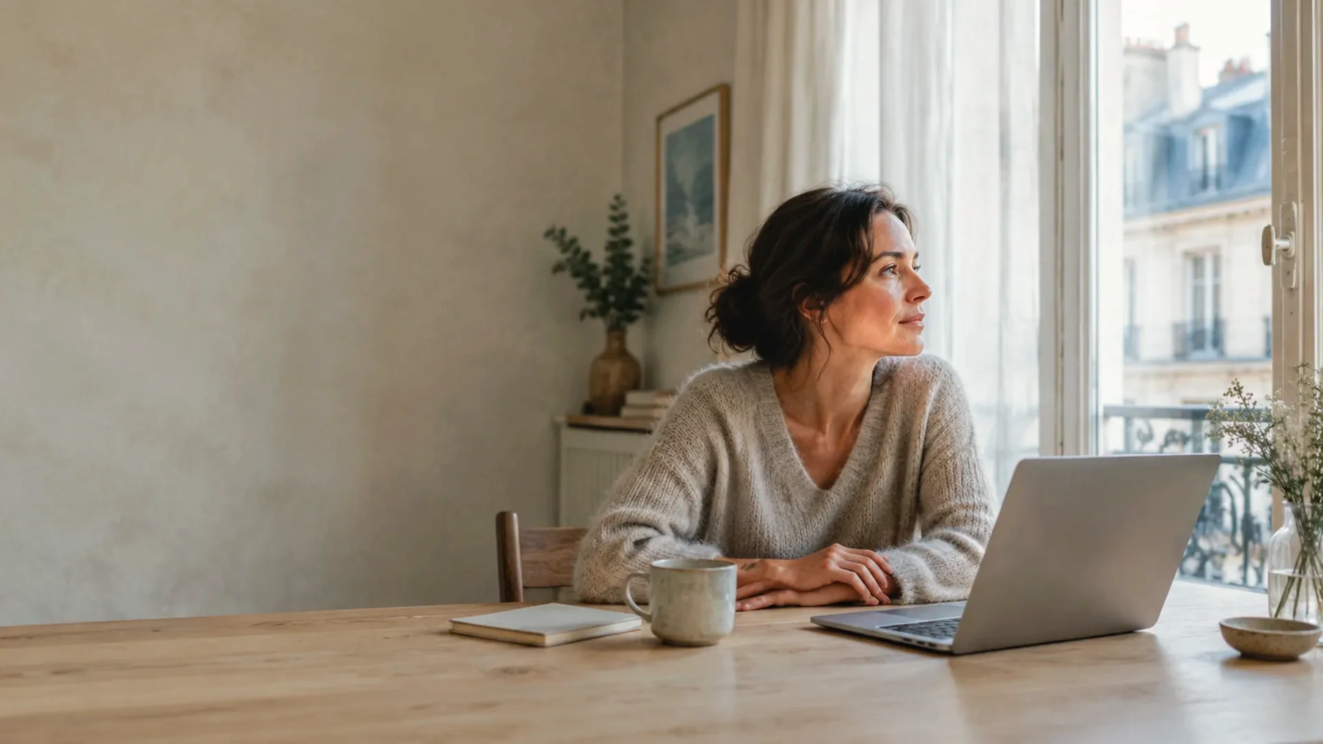 A person sitting at a table by a window with a laptop, in soft morning light