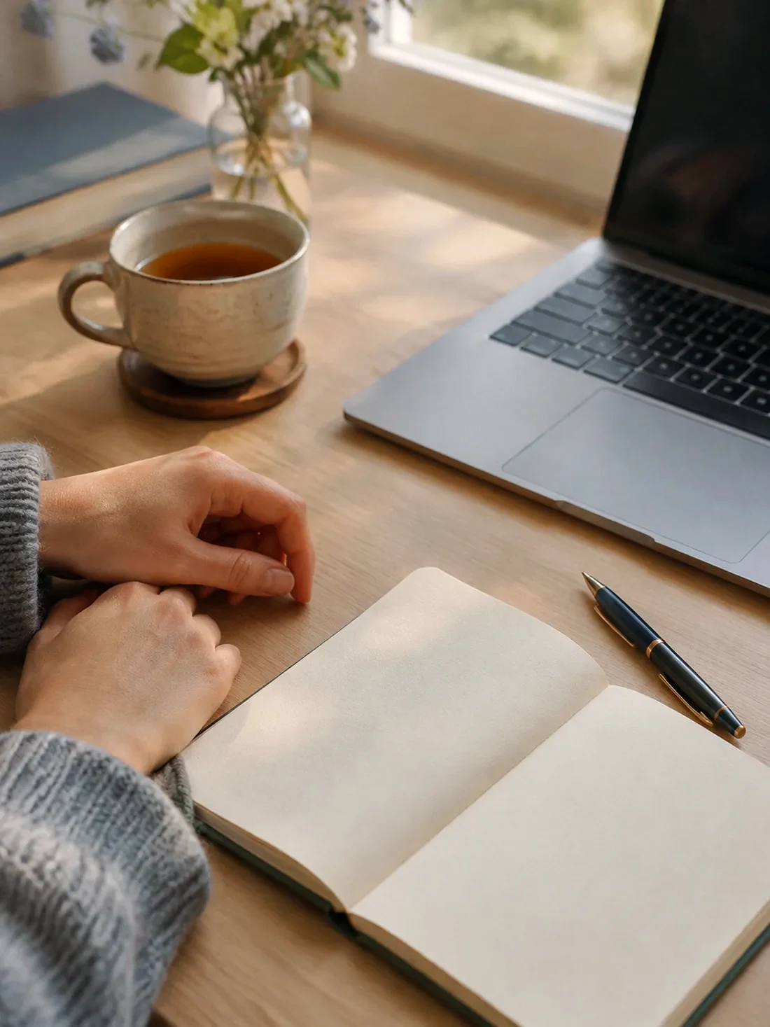 A notebook and pen beside an open laptop on a wooden desk