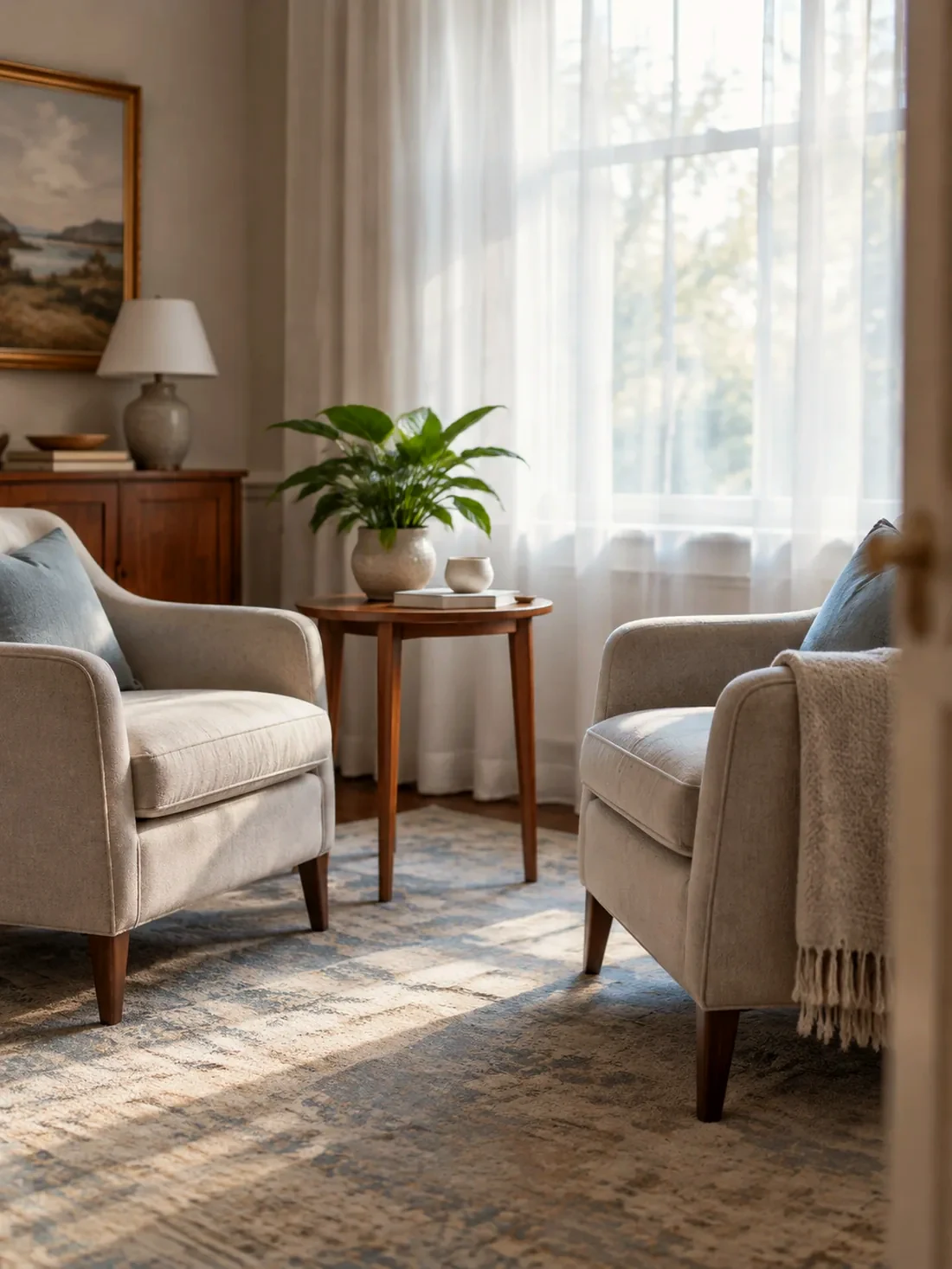 Two armchairs facing each other in a quiet, light room
