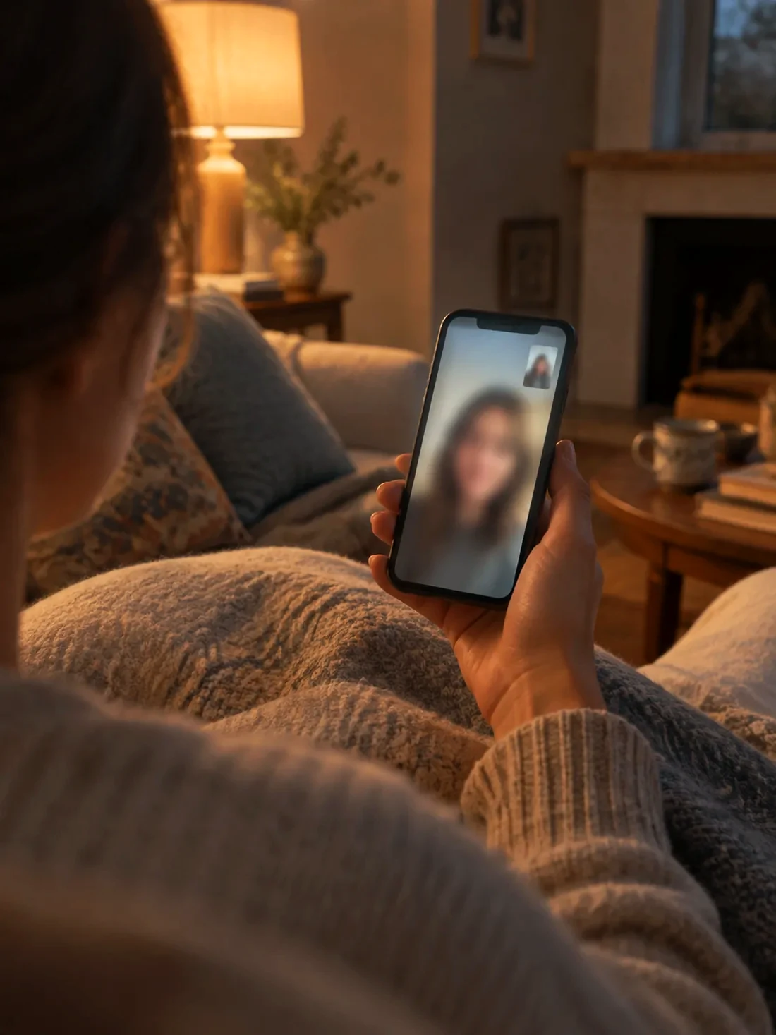 A person holding a phone during a video call in a warm room